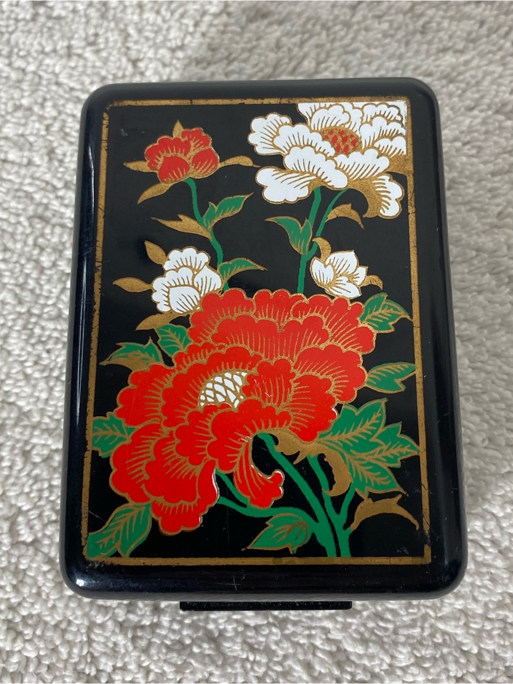 Vintage Asian Chinoiserie Peony Floral Lipstick Case Holder with Mirror